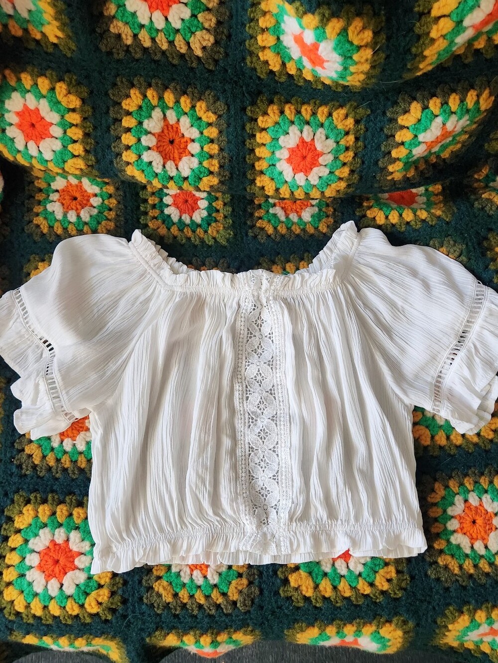 Women's White Off-Shoulder Crochet-Trim Blouse